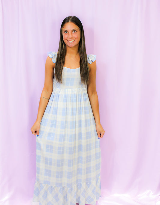 Plaid Sweetheart Sleeveless Open Back Maxi Dress : Powder Blue