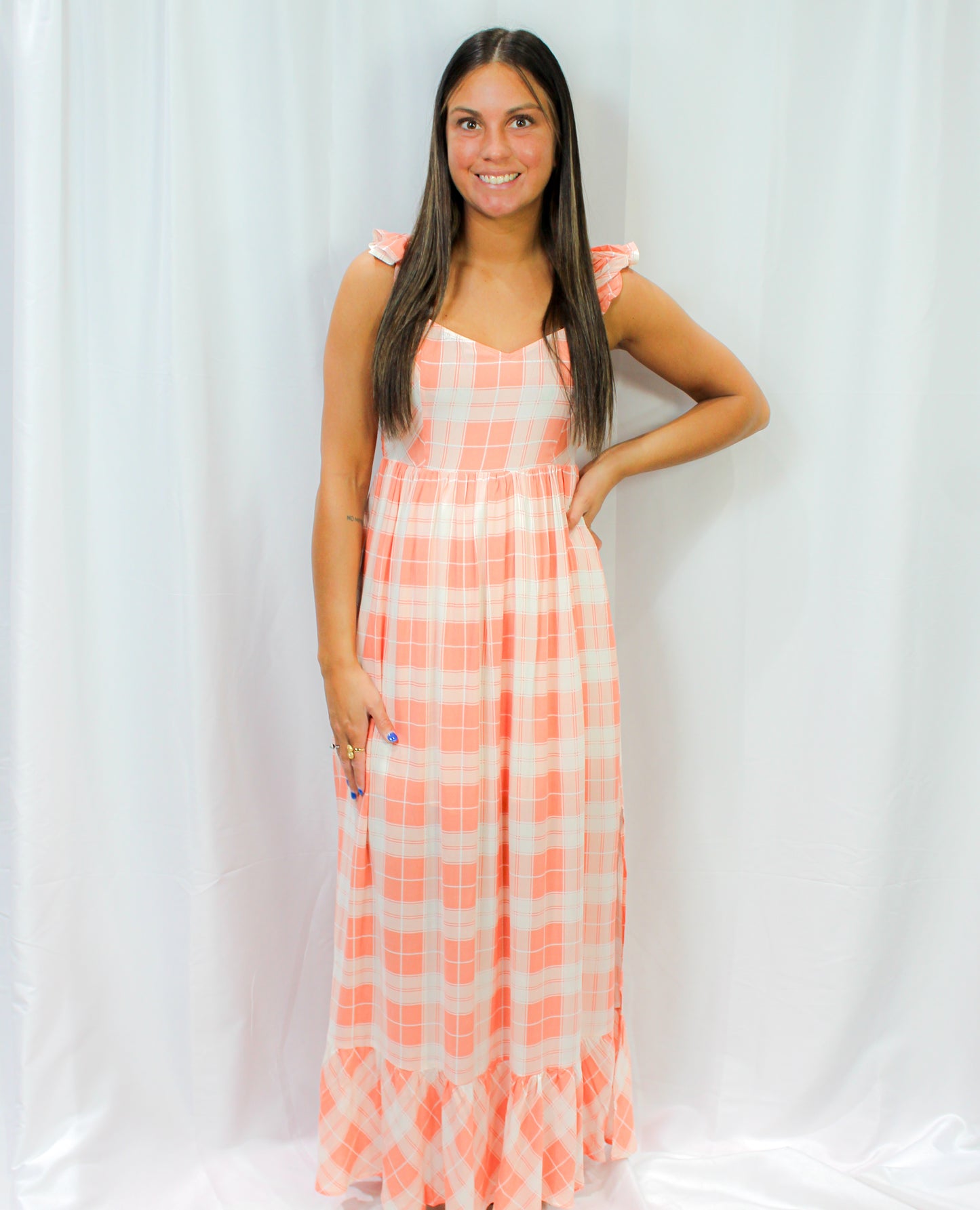 Plaid Sweetheart Sleeveless Open Back Maxi Dress : Coral