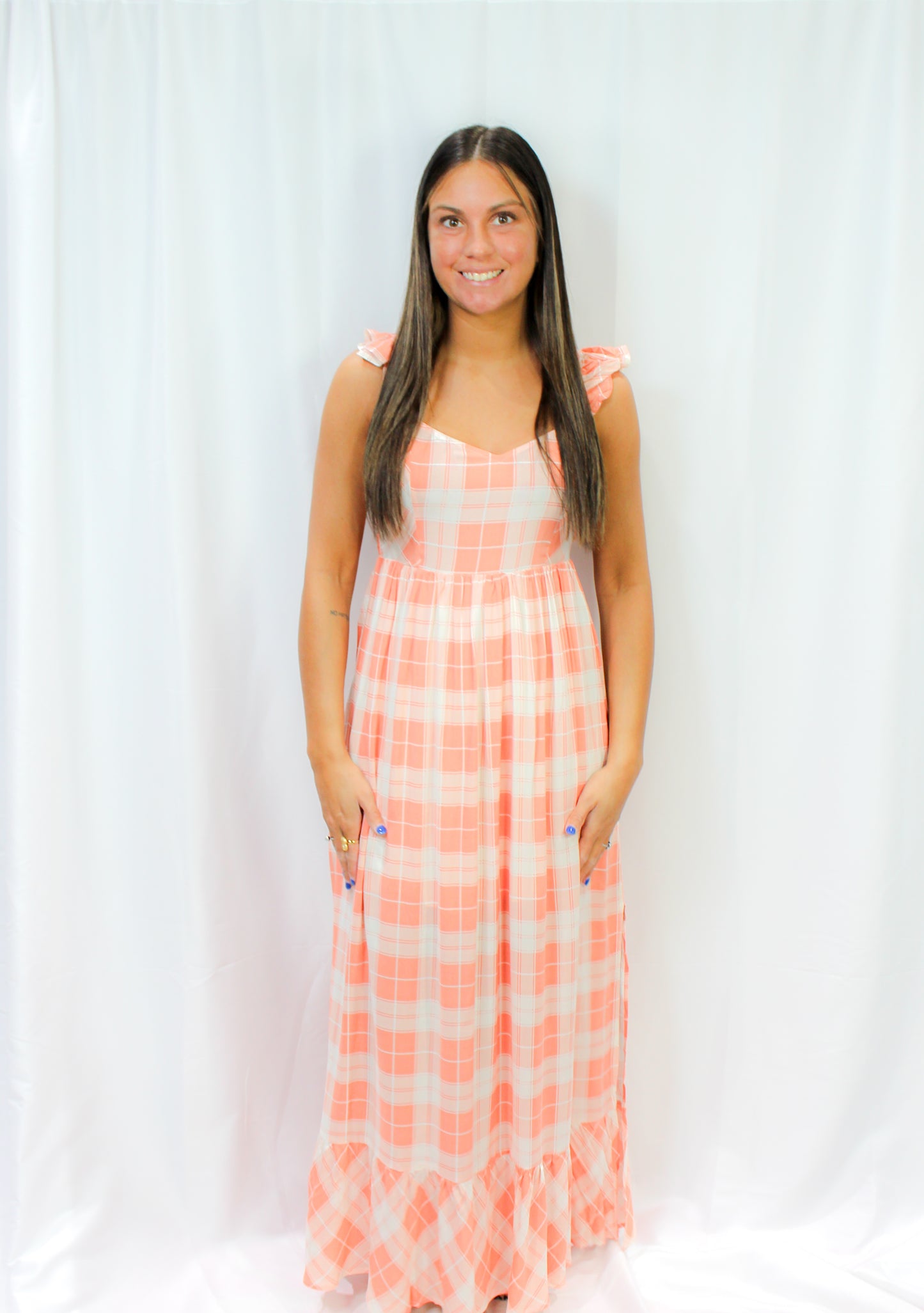 Plaid Sweetheart Sleeveless Open Back Maxi Dress : Coral