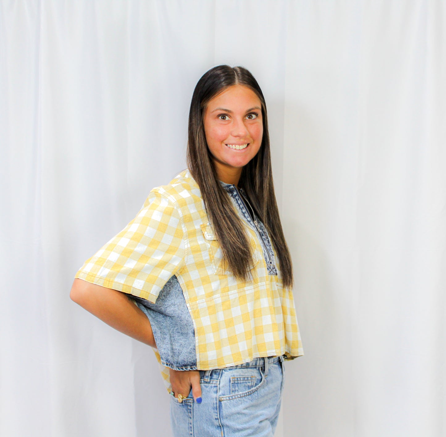 Plaid Contrast Denim Round Neck Zipper Front Top