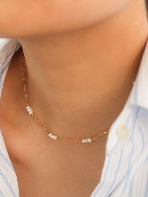 18K Non-Tarnish Petite Pearl Chokers: Yellow Gold, Leilani-Multi Pearl