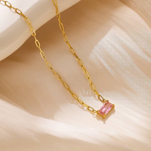 Titanium Steel Simple Rectangle Inlay Zircon Necklace: Pink