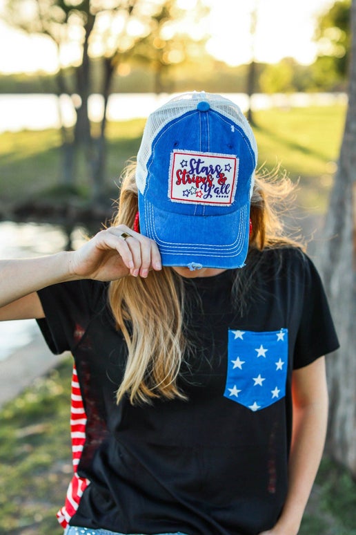 Stars Stripes & Y'all Patch on Blue Distressed Hat with Tan: Blue, One Size