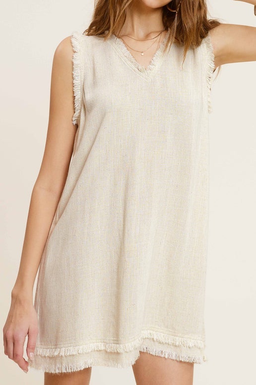 Soft Washed Cut Edge V-neck Spring Summer Dress: Natural