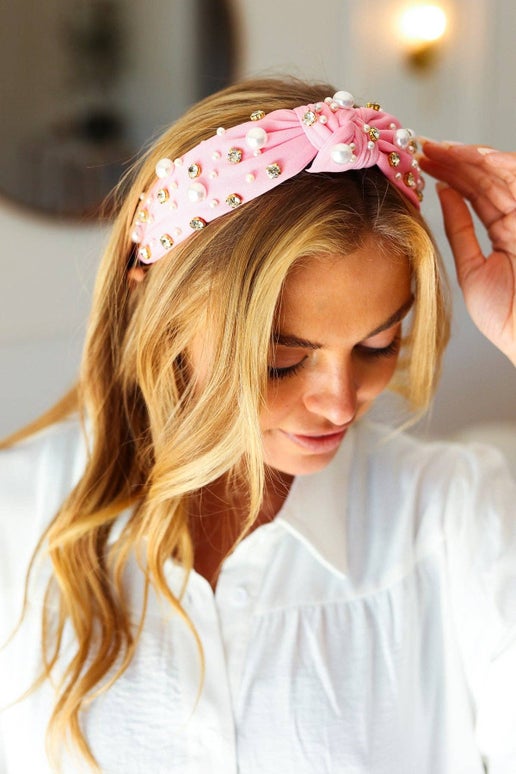 Soft Pink Pearl & Jewels Top Knot Knit Headband: One Size Fits All