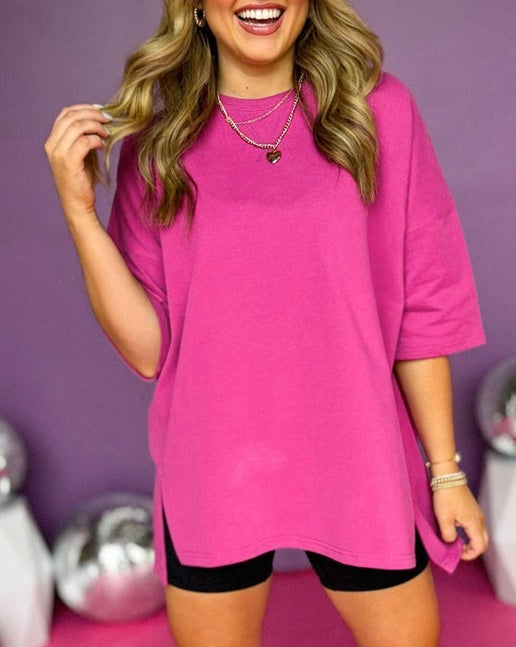 Short Sleeve Side Slit Tee: Rose Red