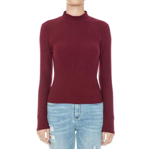 RIB MOCK NECK LONG SLEEVE TOP: BURGUNDY