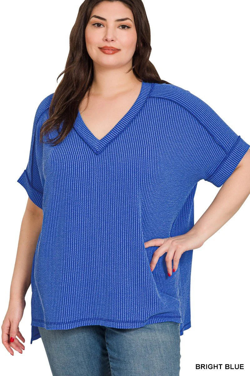 PLUS RAISED RIB SHORT SLEEVE HI-LOW V NECK TOP
