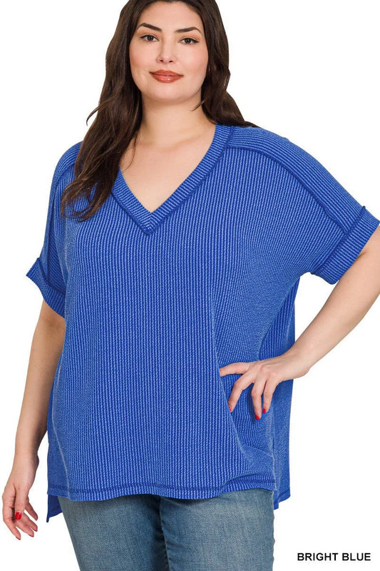 PLUS RAISED RIB SHORT SLEEVE HI-LOW V NECK TOP