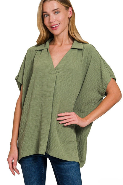 Woven Airflow Collared V neck Shortsleeve Top