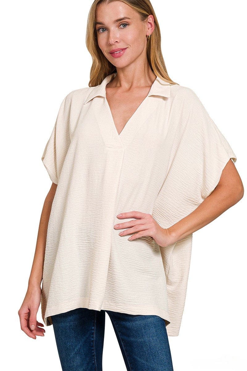 Woven Airflow Collared V neck Shortsleeve Top